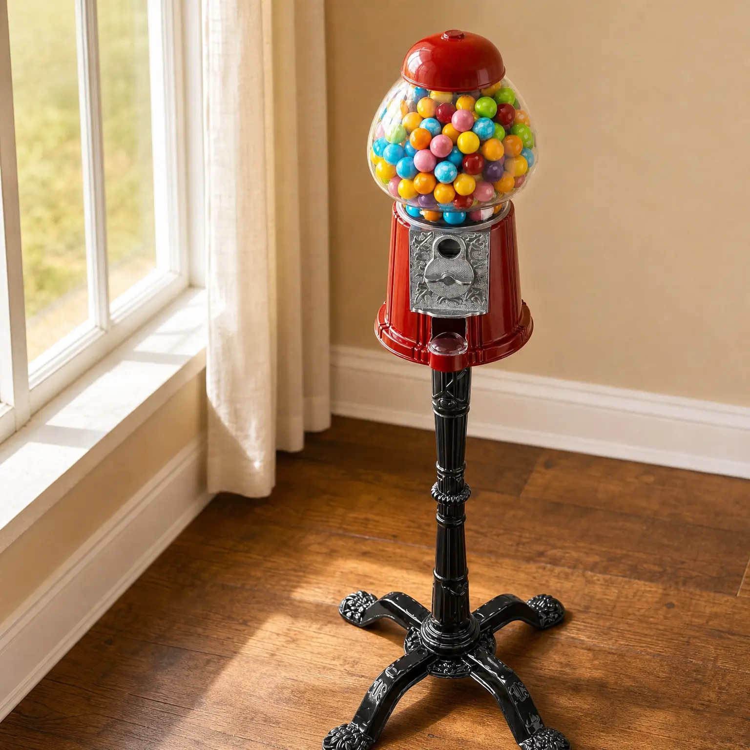 15 Inch Gumball Machine Candy Dispenser with Stand Durable Aluminum Frame Heavy Duty Red Metal Large Bowl Easy Twist-Off Refill Free or Coin OperatedGift