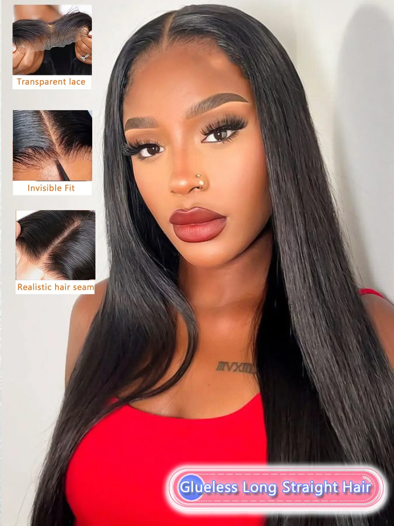 Long Black Human Hair Straight Wig, 20–28 Inch Flowing Hair Style, Ready Fit 5x5 Glueless Lace Closure, Centre Part Appearance with Pre Cut Lace, Smooth Movement for Women Daily Styling