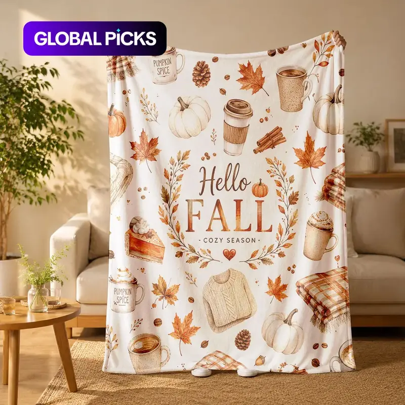Soft Lightweight Breathable Pumpkin and Maple Leaf Print Flannel Decorative Blanket for Bedroom Seasonal Holiday Decor, Suitable for Beds, Sofas, Offices & Camping #GLOBAL PICKS