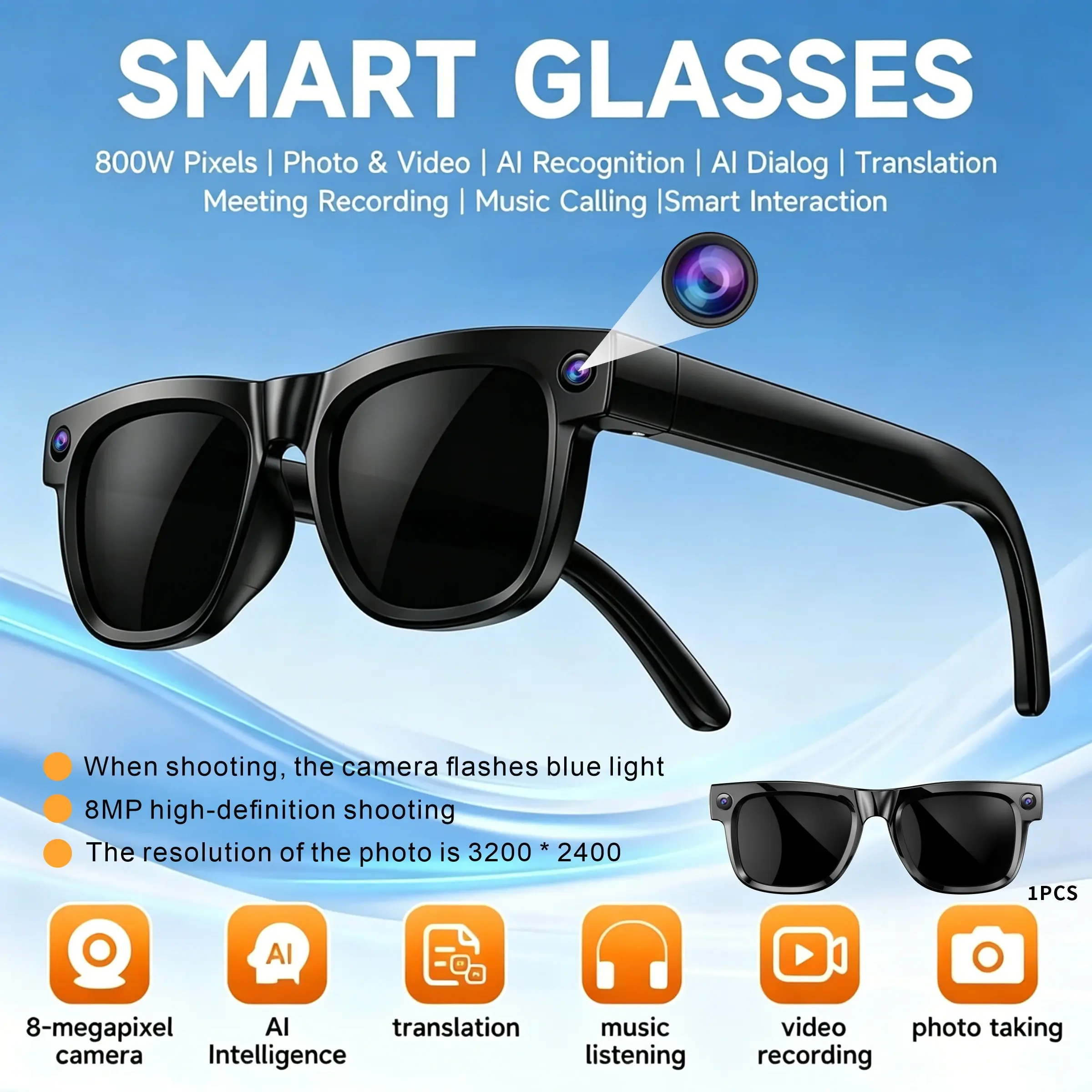 Camera glasses, Multifunctional smart glasses, 8MP high-definition camera, 3200*2400 high-definition photos, 1080P video, 165 language translations, photo translation, wireless music listening and phone calls, AI assistant, video and audio glasses