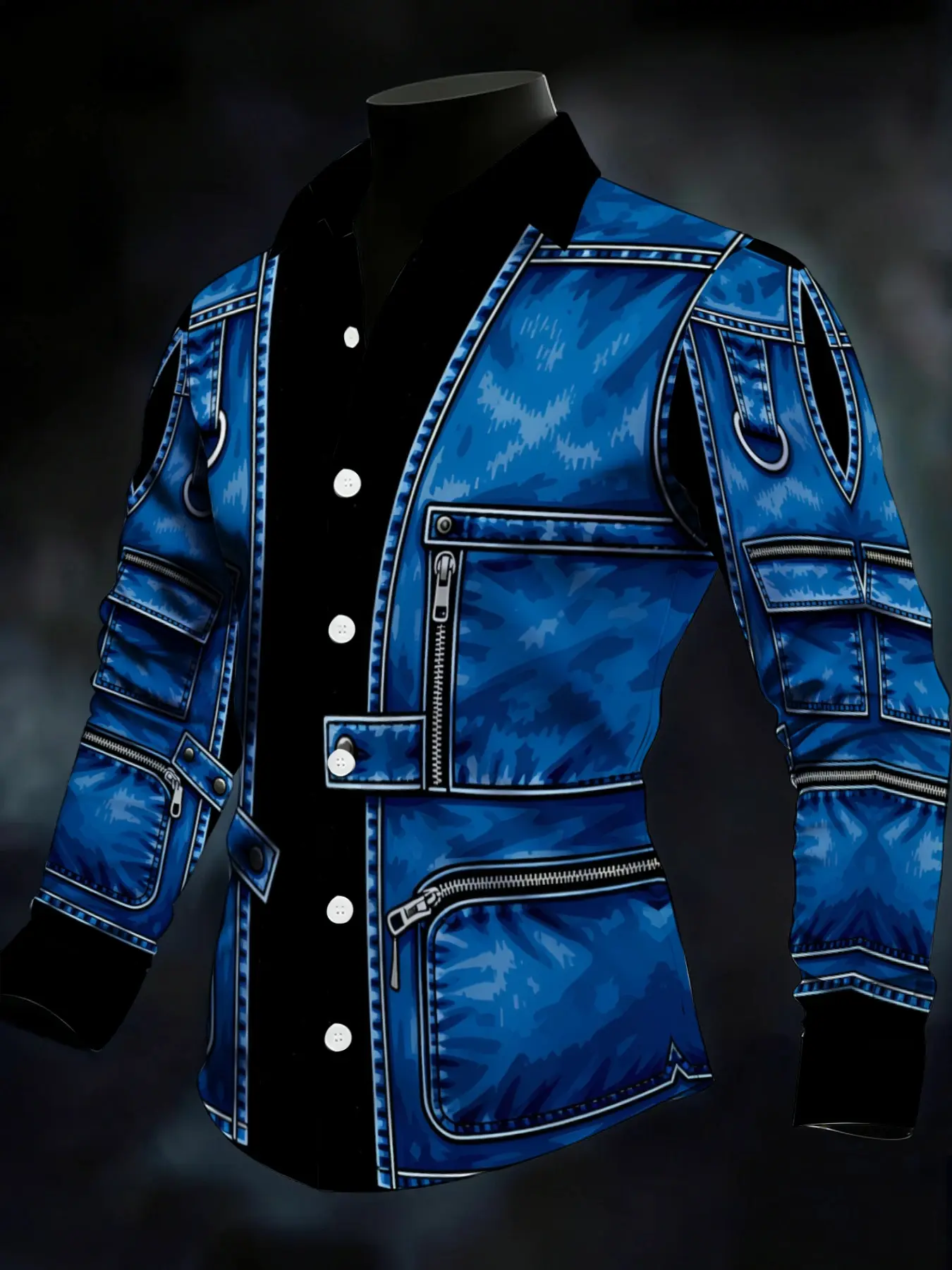 Men's Long Sleeve Shirt, Menswear, Fashion Trendy Denim Pattern Print Design, Personalized Printed Casual Versatile Top, Casual Collared Shirt