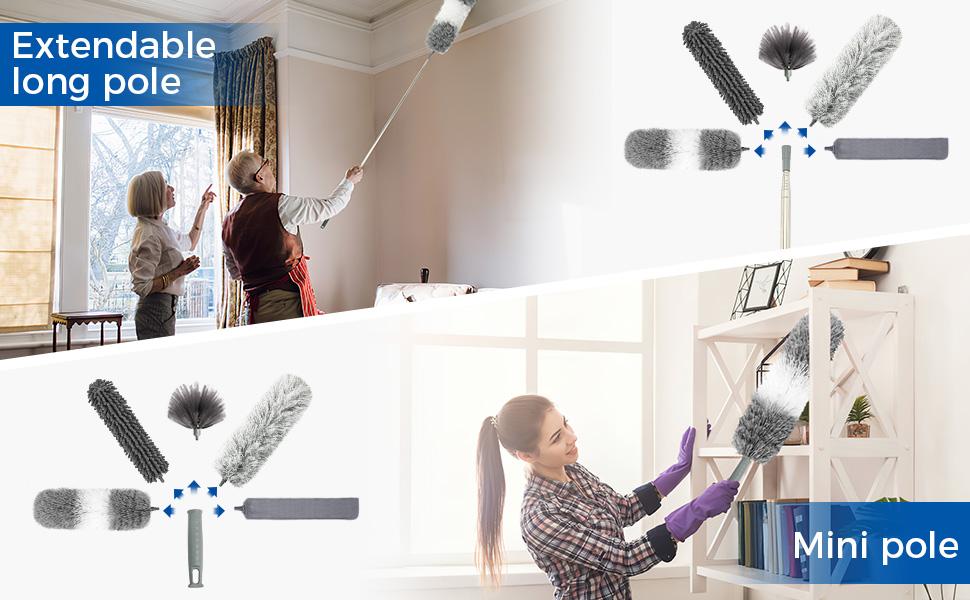 9Pcs Dusters for Cleaning Kit, Extendable Microfiber Duster Tools with 100" Long Pole, Retractable Gap Bendable Dust Cleaner, Reusable Washable Cleaning Supplie for Ceiling Fan Furniture Cars and Home