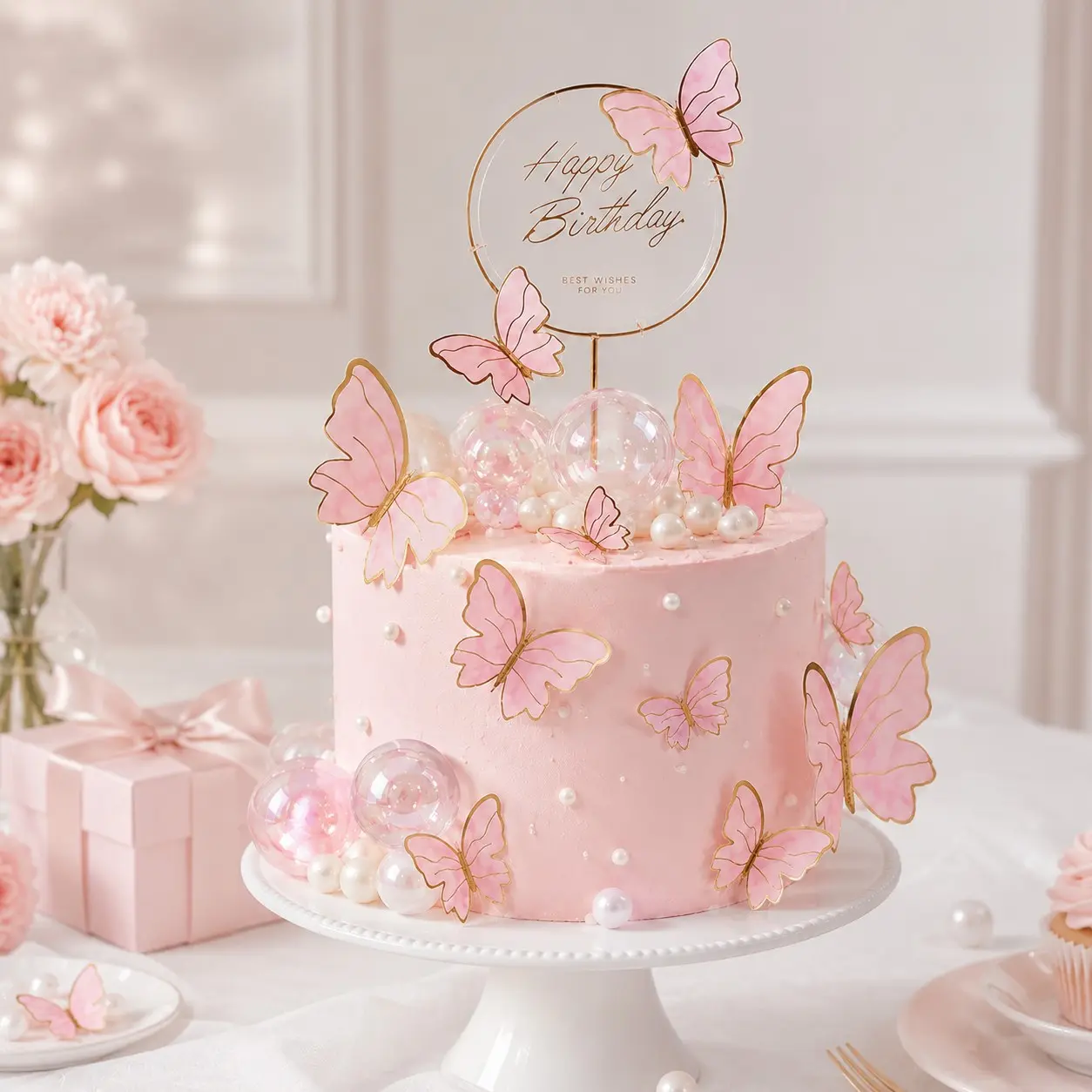Butterfly Birthday Cake Decoration Set, Transparent Cake Picks, Includes 11 3D Butterflies, Perfect for Birthday Party Cakes