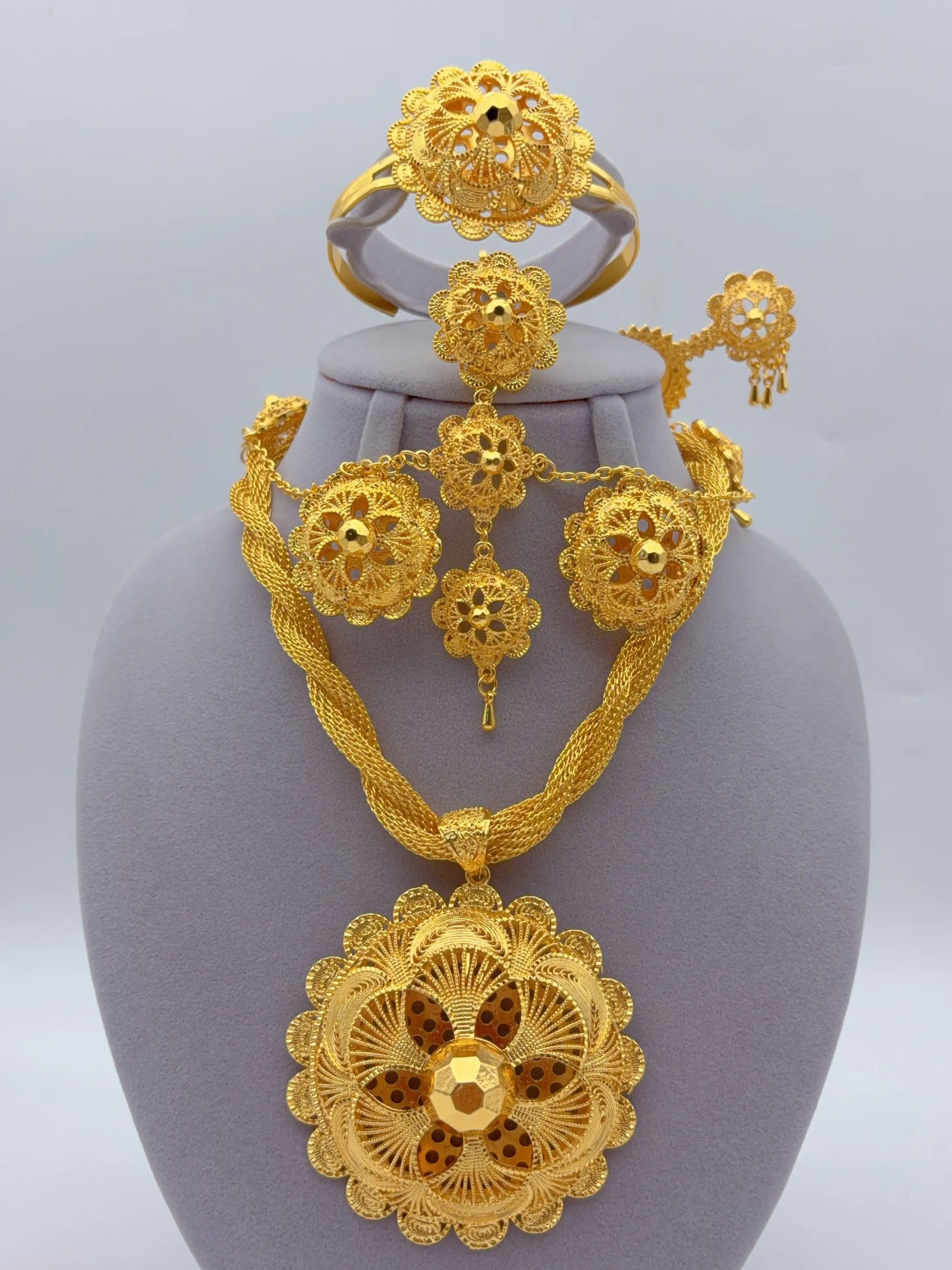 6-Piece Ethiopian Fashion Jewelry Set for women, African Indian Style Vintage Elegant Design, Necklace Bracelet Ring Earring Hair Accessory Combo