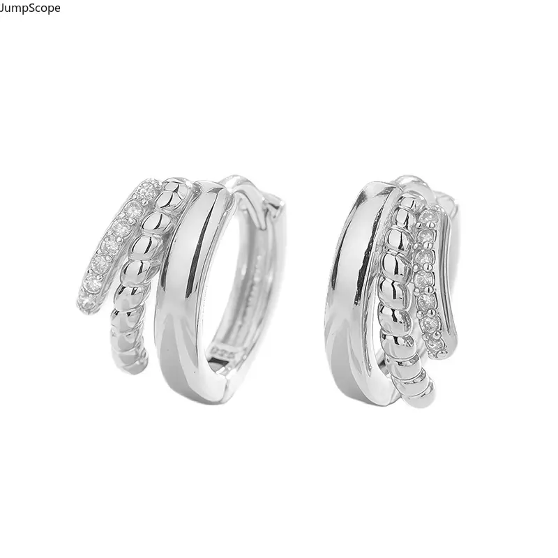2026 New Triple-Layer Silver Huggie Earrings - Twisted Bead Pave CZ Stones, Intertwined Stacked Snap Ear Buckles, Neutral Niche Unisex Streetwear Gift for Outdoor Leisure Enthusiasts, Mdf+Steel