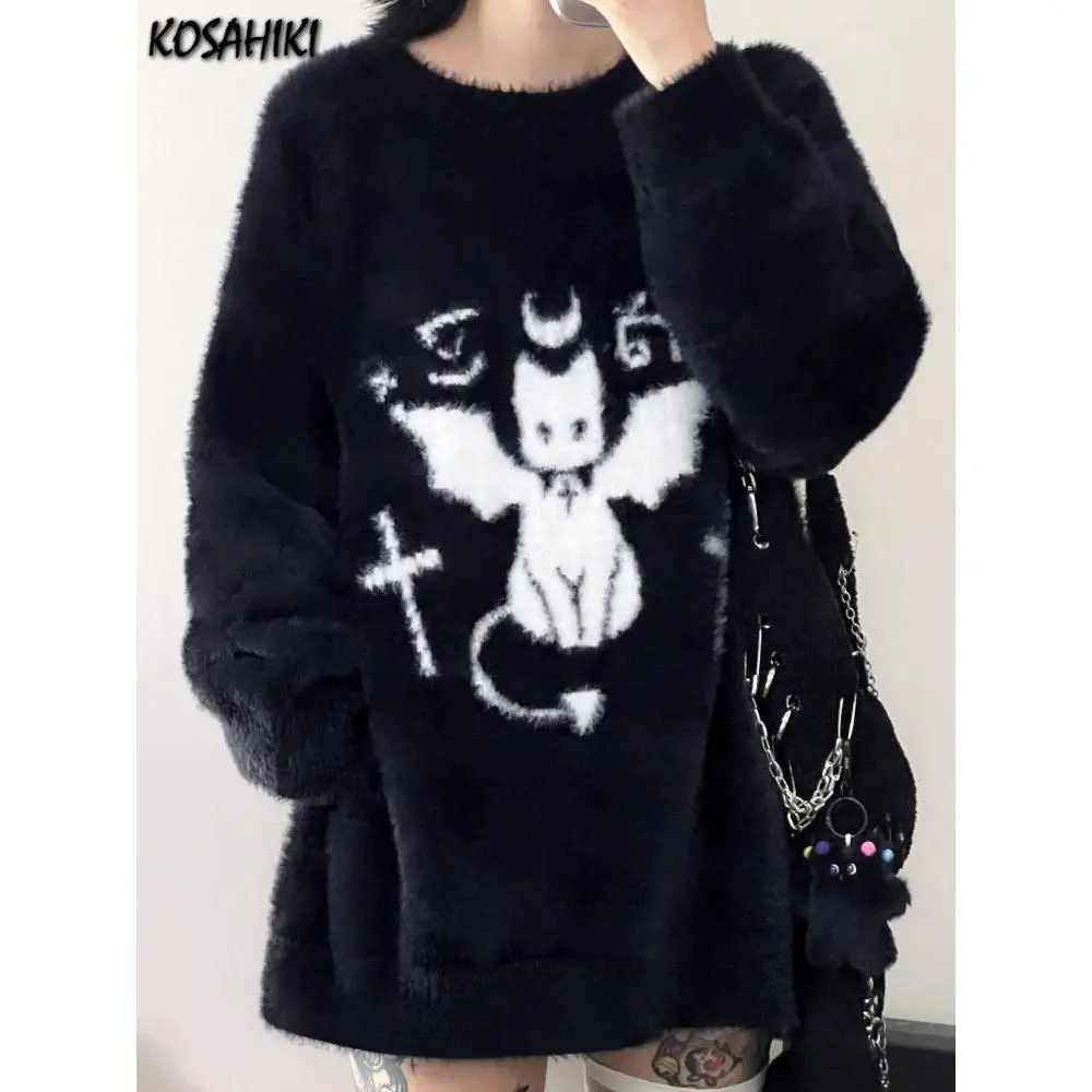 Harajuku Gothic Casual Oversized Knitted Jumpers Grunge Cartoon Sweater Fashion Knitwear Y2k Aesthetic Balack Loose Pullover