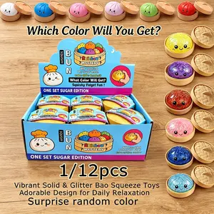 1/12 Pack Vibrant Solid & Glitter Bao Squeeze Toys with Mini Steamer Basket, Soft Stretchable Stress Relief Balls, Random Color Cute Dumpling Fidget Toys, Ideal Birthday & Party Gifts for Kids & Adults