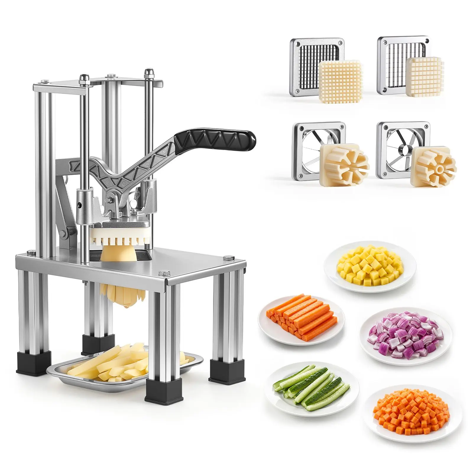 VEVOR French Fry Cutter, Commercial Vegetable Chopper with 4 Blades (1/4", 3/8", 6-Wedge Apple Corer), Stainless Steel Potato Slicer for Fries, Onion, Carrots, Lemon - Home Restaurant Use
