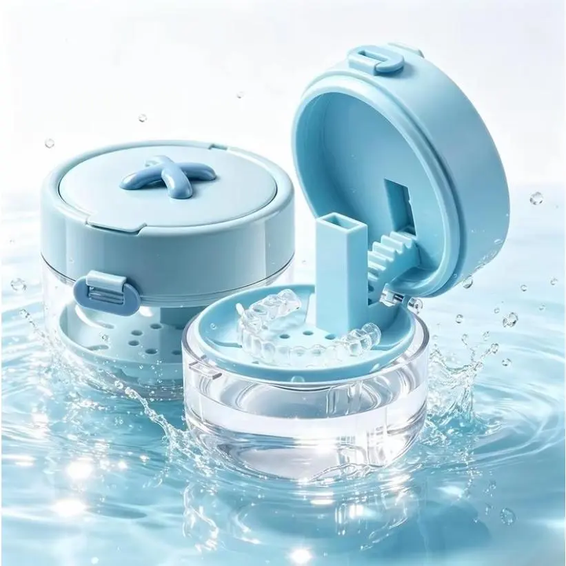 3-in-1 Oral Retainer Cleaner Case Box -Lightweight Modern Dual Layer Storage SoakContainer with Drain Tray, Mirror, Brush for DailyUse & Travel (Bathroom Toothbrush HolderAccessory)