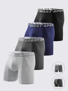 4-Pack Men's Long Boxer Briefs, Soft Comfortable Skin-Friendly Underwear, Sporty Casual Solid Color Minimalist Style, All Seasons
