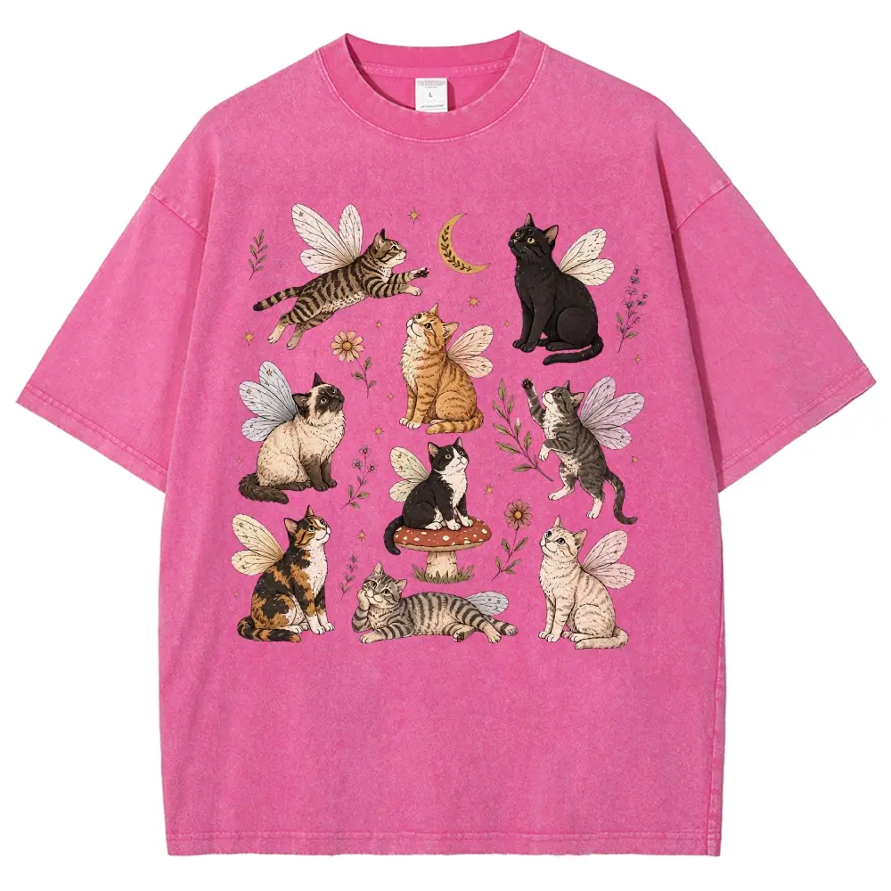 Fairy Wing Cats Wildflower Crescent Moon Vintage Washed Oversized T-Shirt, Cottagecore Magical Cat Lover Comfort Outfit, Perfect Birthday Gift For Women Cat Mom Fairy Aesthetic Casual Street Tee