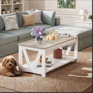 White 43 Inch Farmhouse Composite Wood Coffee Table with Dual Storage Drawers & Sturdy V-Shaped Frame, Waterproof Wear Resistant 130lbs Capacity Rectangular Center Table, Space Saving Easy Assembly Accent Furniture for Living Room Bedroom Office Balcony S
