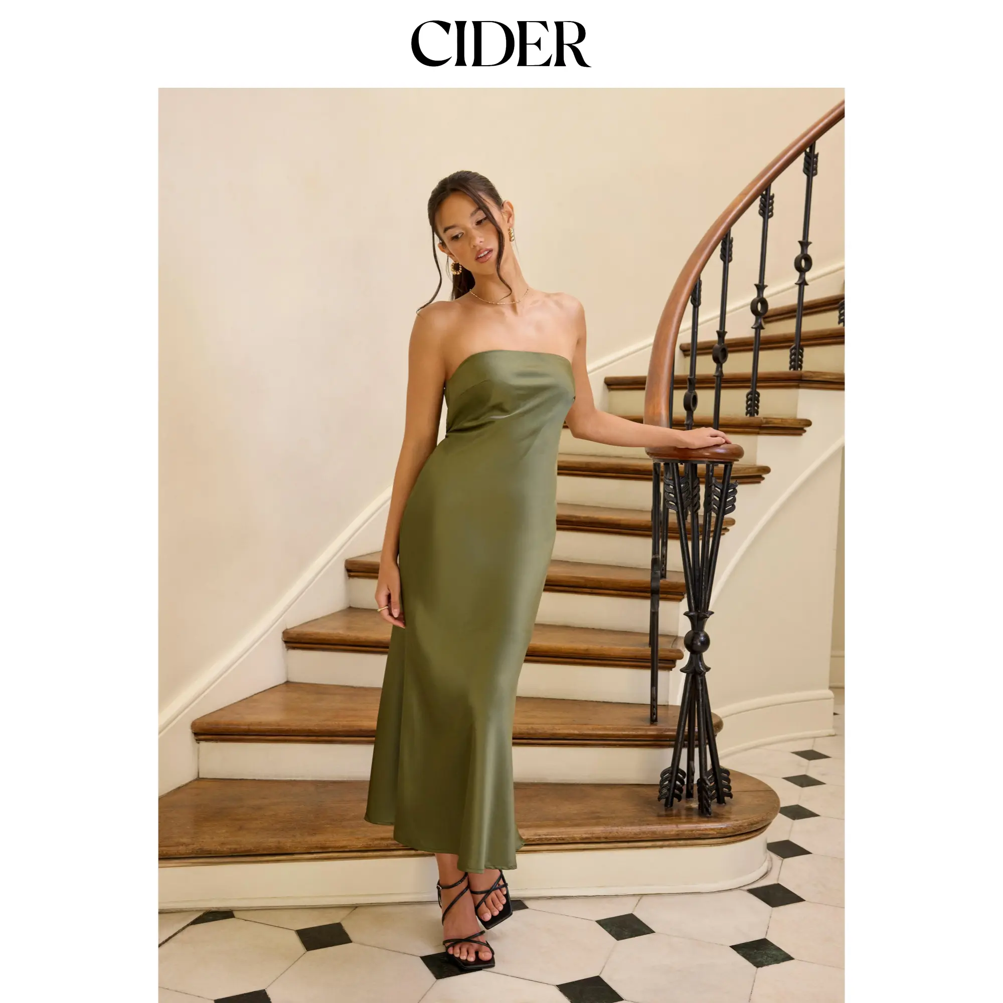 Cider Satin Strapless Tie Back Maxi Dress
