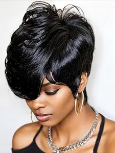 Straight Human Hair Wig for Women Pixie Cut Full Machine Made Wig 150% Density 6 Inch Wig Ideal for Daily Use and Special Occasions like Christmas and New Year Party