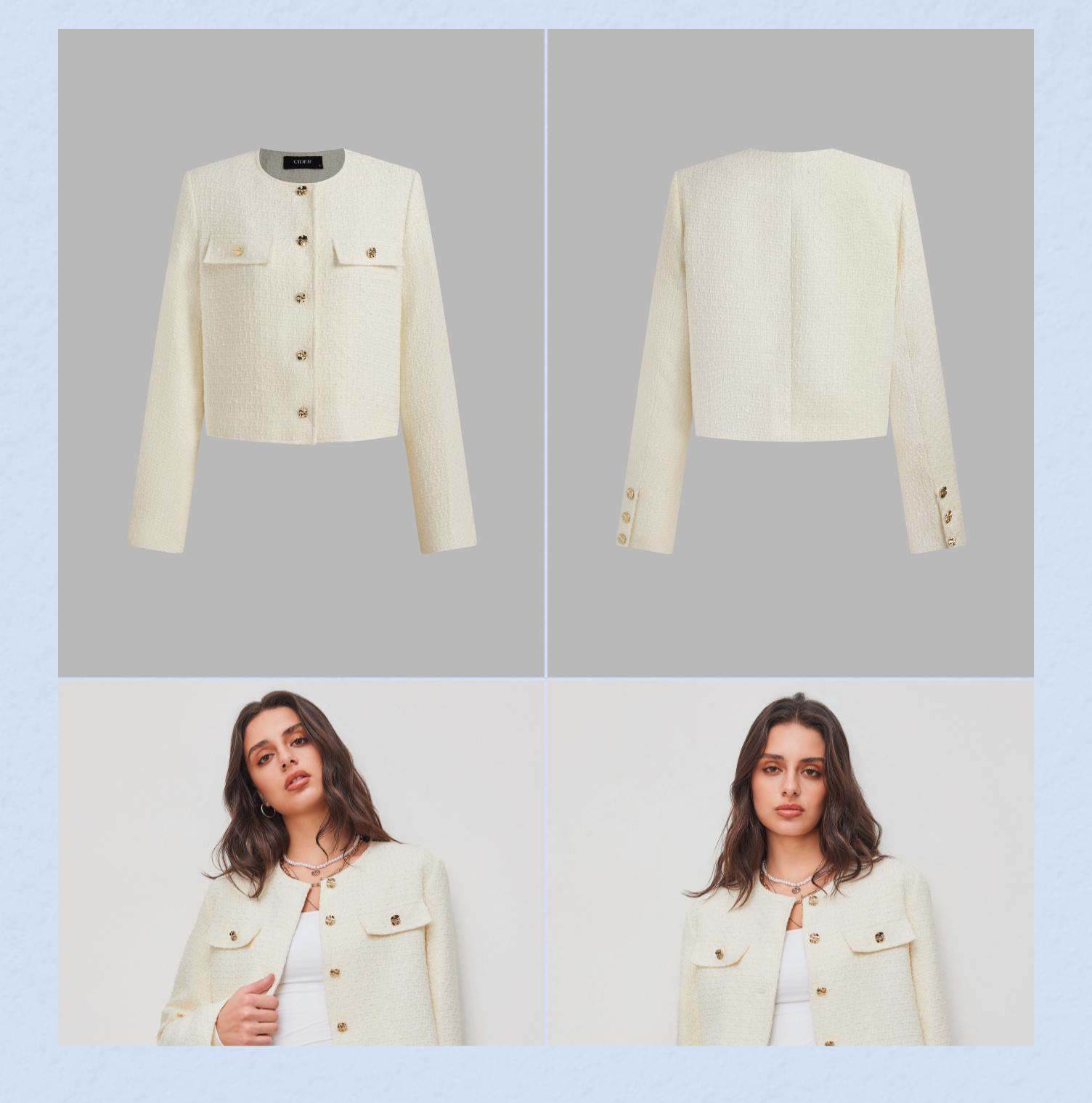 Cider [2 colors, size 2-10] Tweed Round Neckline Solid Button Jacket