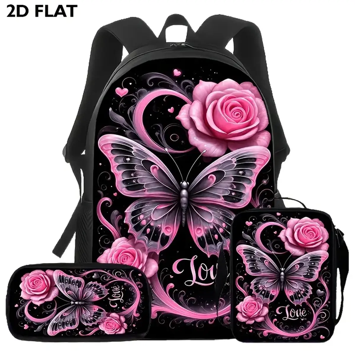 Girls' 3-Piece Polyester Backpacks Set - Butterfly Motif, 2D Flat Rose Print School Bookbag, Lunch Bag, Pencil Case for School, Travel Use