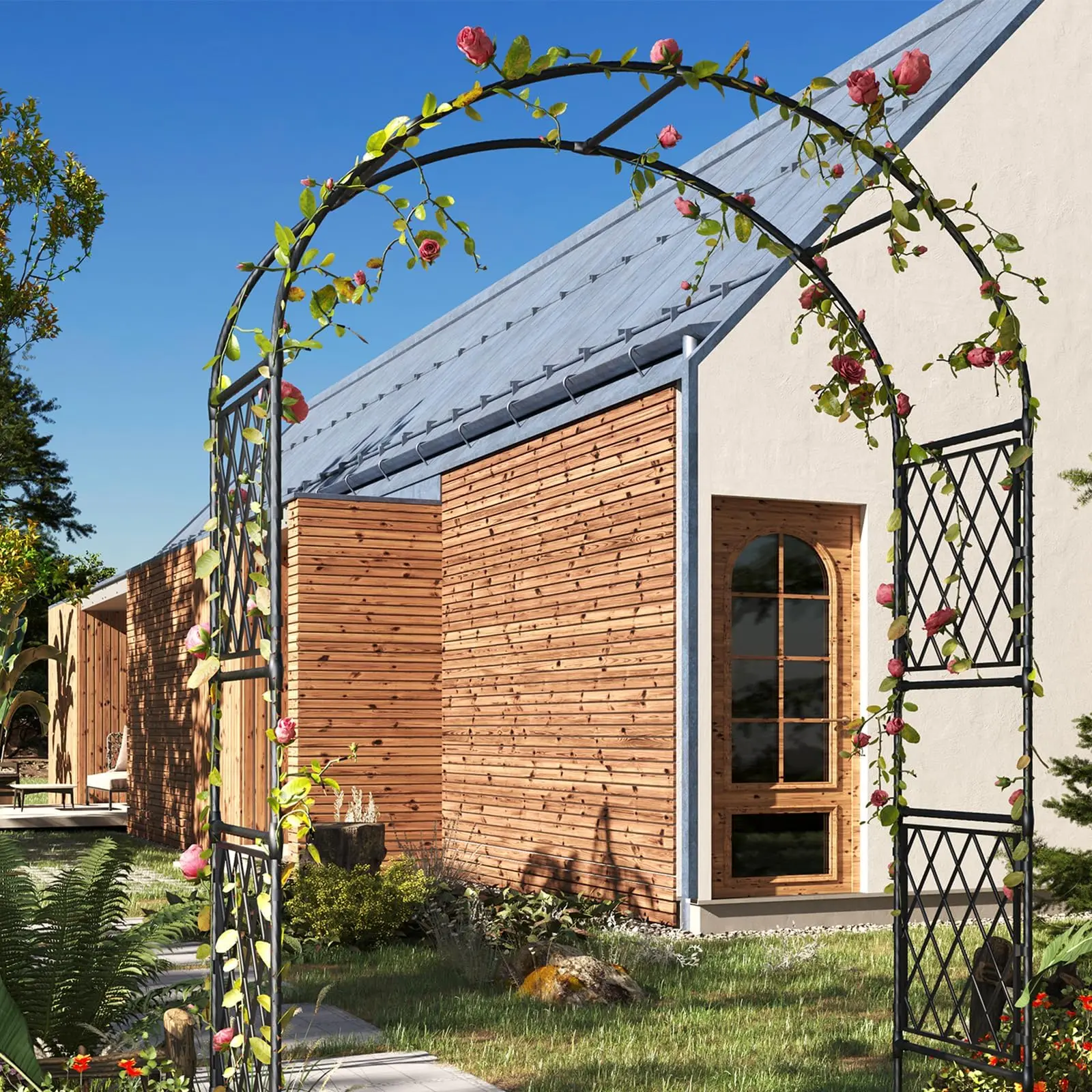 GARVEE Metal Frame Arch Trellis 220x120/150x40 cm - Sturdy Plant Support for Roses, Climbing Plants, Outdoor Garden Entrance & Wedding Decor