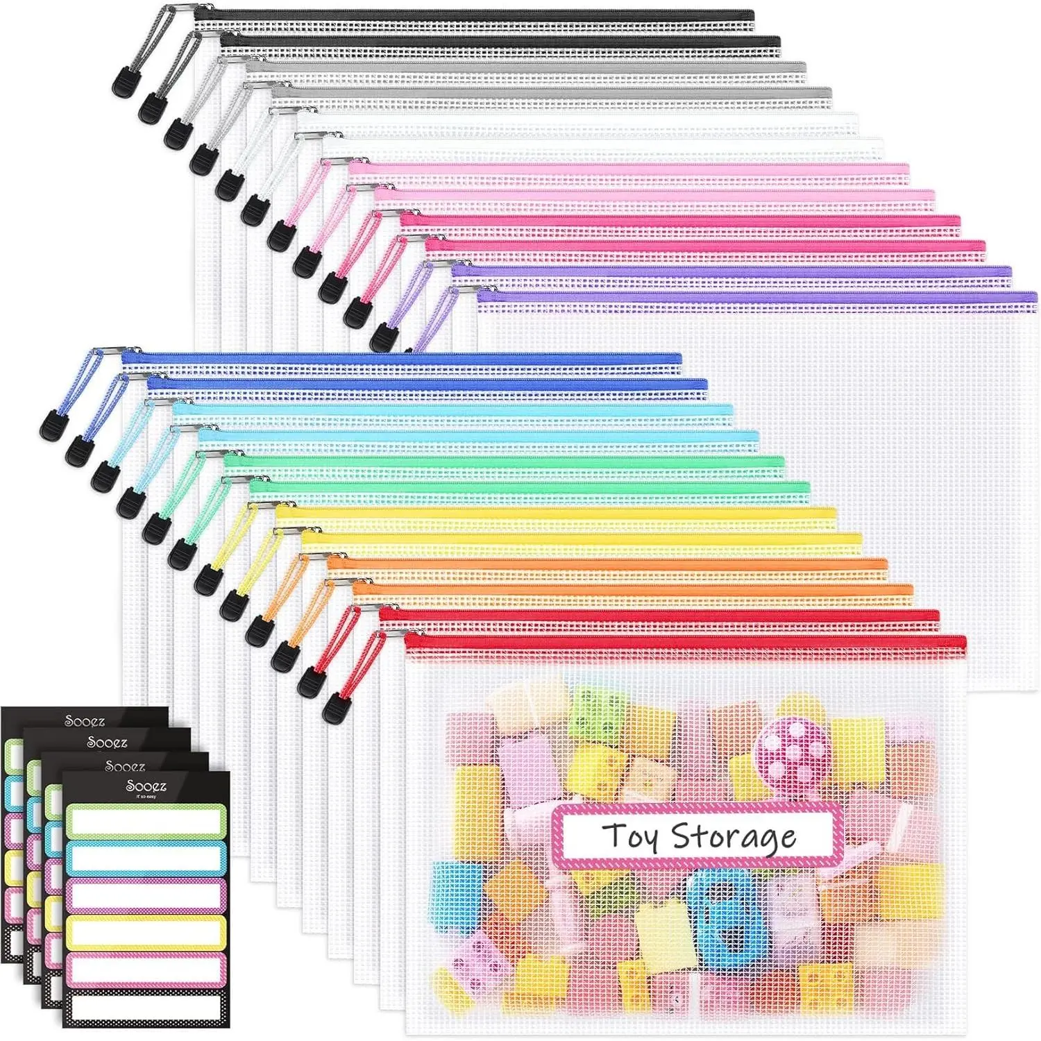 24 Pack Mesh Zipper Pouch with Sticky Labels, A4 Mesh Bags, Sturdy Letter Size File Folders Organizer, Office School Classroom Teacher Supplies, Toy Storage Bag Board Game Puzzles Organization