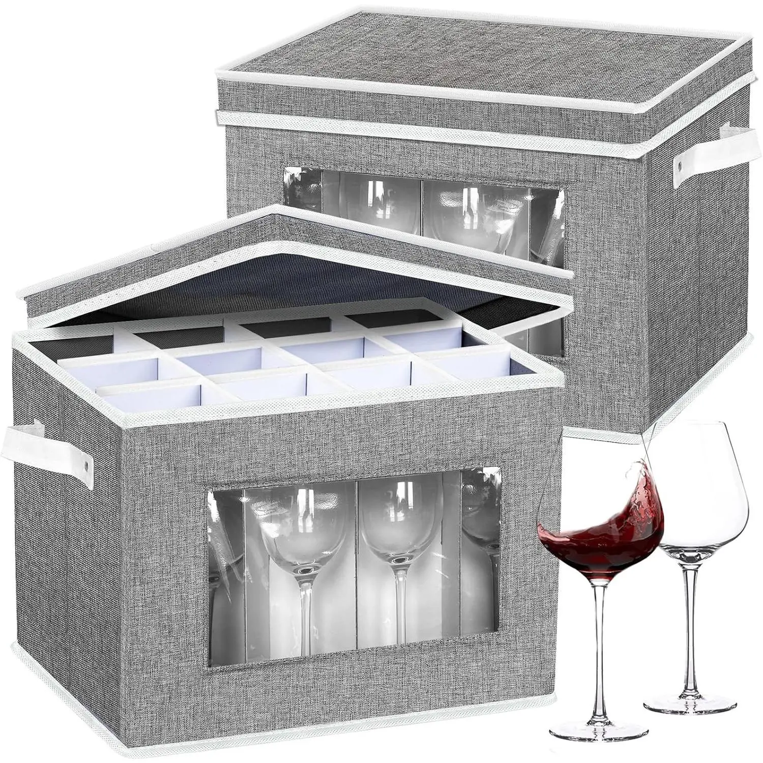 2 Pack Stemware Storage Cases, Wine Glass Storage Box with Dividers, China Crystal Glass Storage Containers Organizer for 24 Glassware Moving and Protection (Grey)