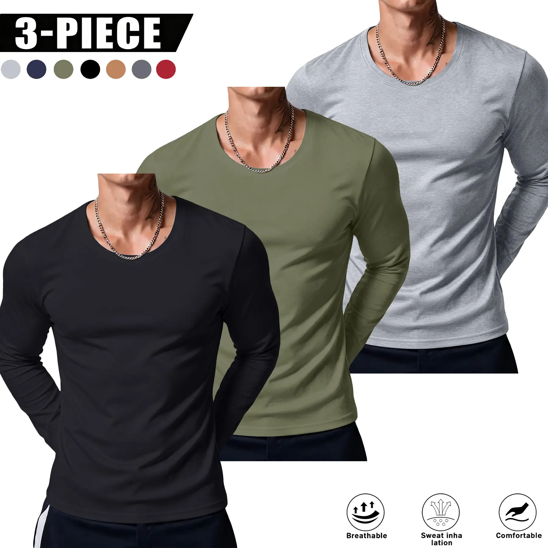 Male Vintage Multi-Pack Fitted Crew Neck Long Sleeve Tees - Machine Washable, Polyester Lightweight Breathable All-Season Sweat-Wicking Tops, Extended Length Multi-Function Sports Tees for Outdoor Gym Use, Plain Gift for Men, Machine Wash