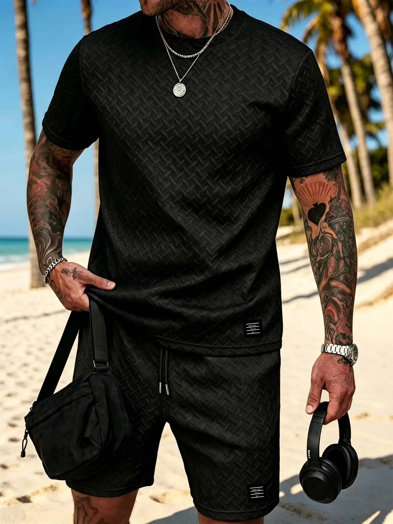 Men's Summer Comfortable T-Shirt Shorts Set, Breathable Textured Material, Loose-Fitting, Short Sleeve, Holiday Style, Multiple Colors Available