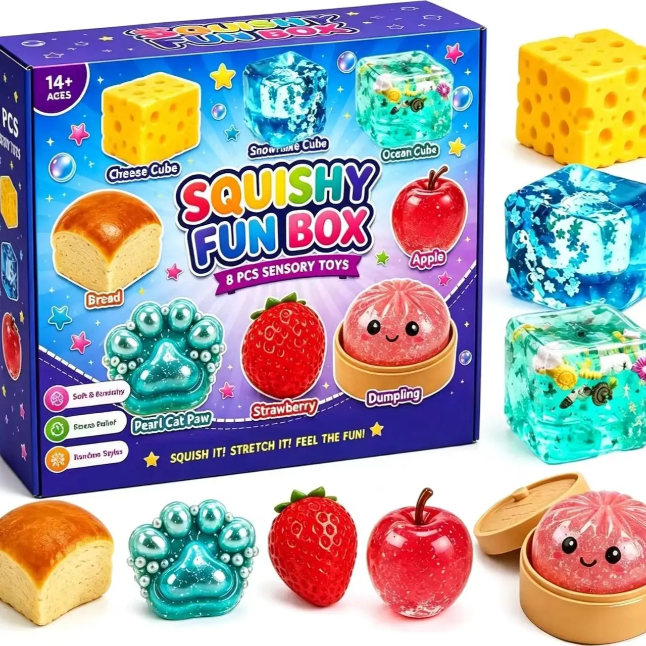 8-Piece Set Box Malt Sugar Stress Relief Fidget Toys, Sensory Bundle, 8 Different Styles，Mystery Dumpling Creative Slow-Return Squishy, Gift For Party, Birthday
