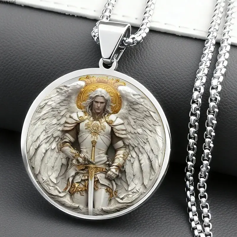 St. Michael Archangel Pendant Necklace for Men, Stainless Steel Round Medallion With Detailed Angel Warrior Artwork, Rust Resistant Durable Christian Faith Jewelry for Daily Wear, Prayer and Gift Giving