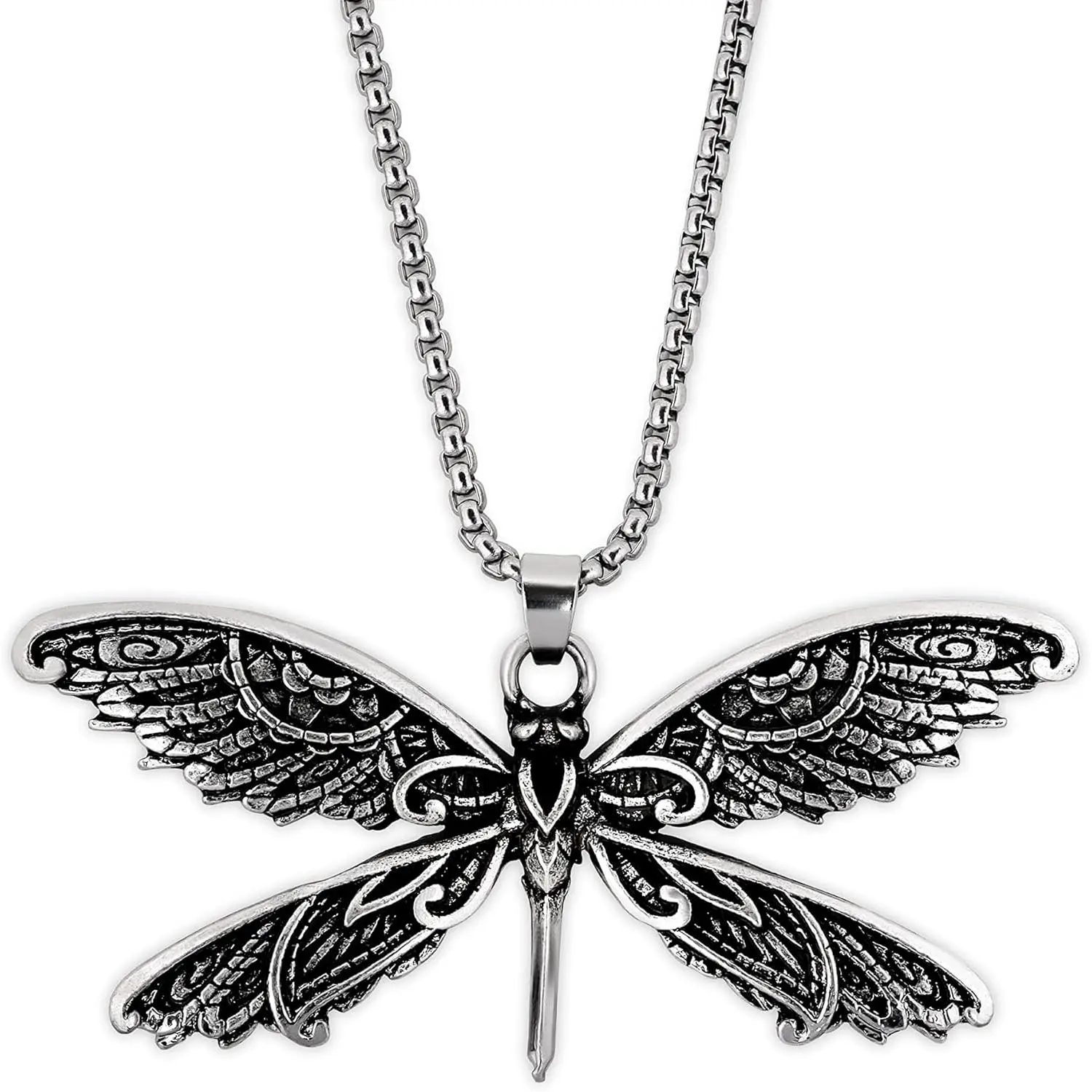 Vintage Dragonfly Pendant Necklace with Box Chain for Women, Retro Animal Jewelry, Antique Style Gift, Insect, Antique Dragonfly Pendant