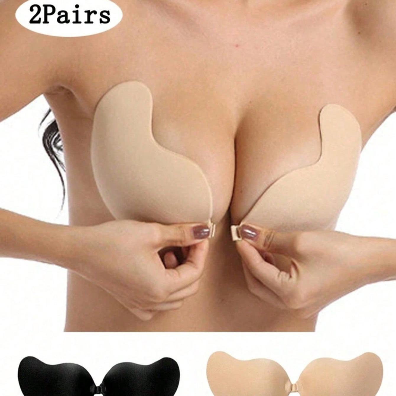 Multiple Sizes 2 Pieces Invisible Push-Up Bra No Back Strapless Bra Seamless Front Buckle Bra Lingerie Women's Self Adhesive Silicone (Black + Apricot Yellow)
