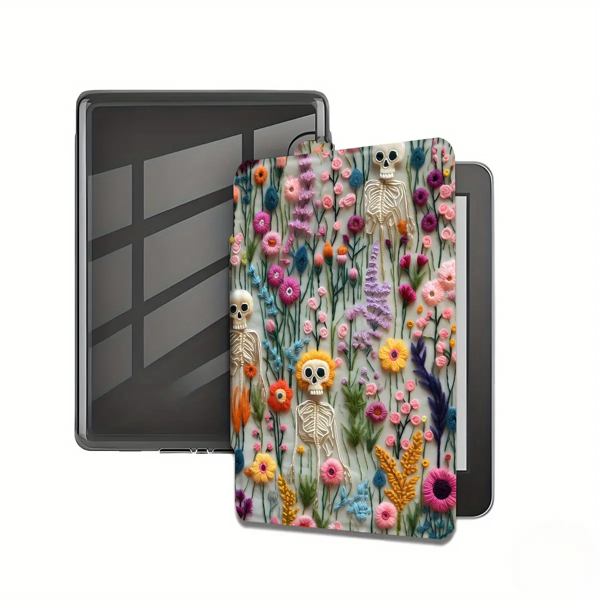 Skull Flower Kindle Protective Case, suitable for Kindle Paperwhite 12th Gen / Colorsoft 1st Gen Paperwhite 11th Gen / 2021 Paperwhite, ultra-clear and ultra-soft transparent TPU back cover, colorful cute illustration protective case, gift for girlfriends