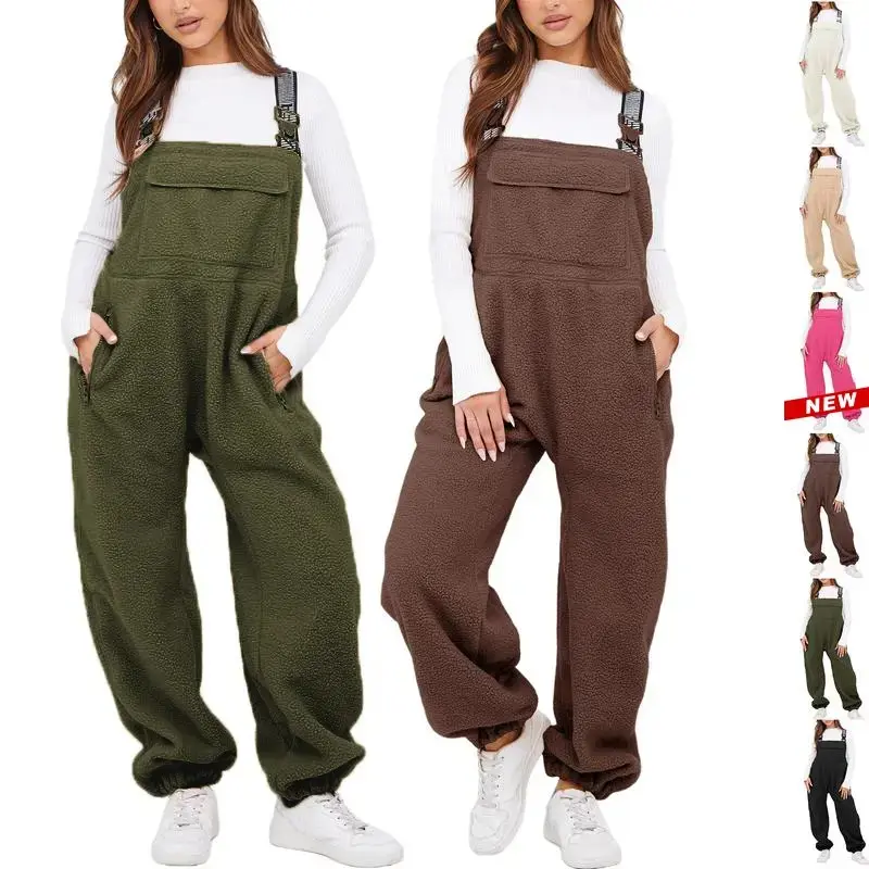 Womens Fleece Overalls One-piece Bibs Jumpsuits Adjustable Suspender Straps Warm Winter Fuzzy Ski Pants