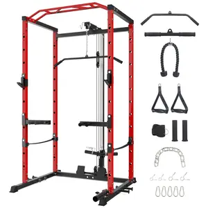 Multi-Functional Power Rack with LAT Pulldown and Low Row, 1600-lb Capacity, Black and Red