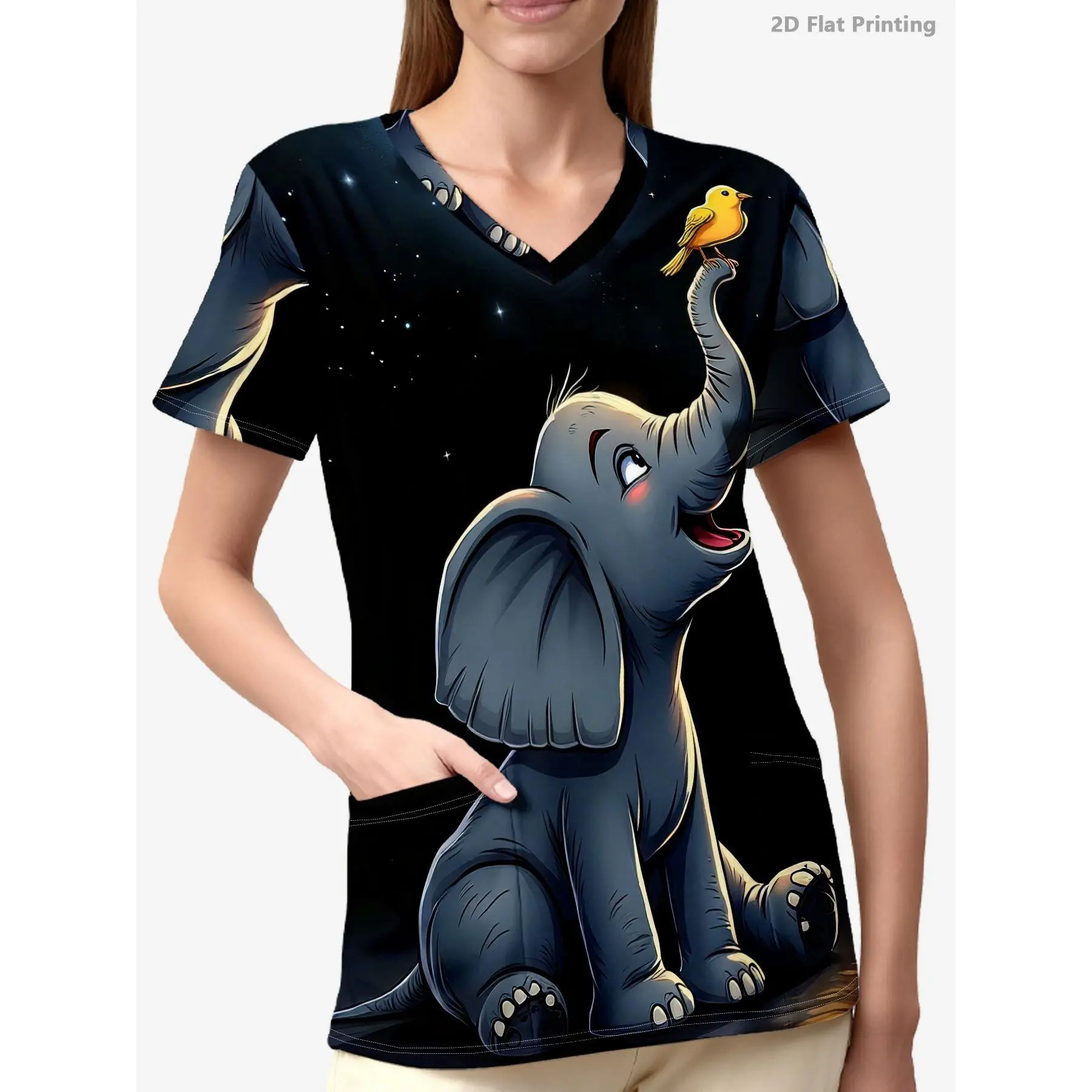 [Women's V-Neck Scrub Top] Elegant Women's V-Neck Short Sleeve Scrub Top, Individual Short Sleeve Care Outfit with Two Front Pockets, Dreamy Cartoon Elephant And Bird Starry Night Style Color, Dental Clinic, Beauty Salon And Pet Shop Hotel Service Uniform