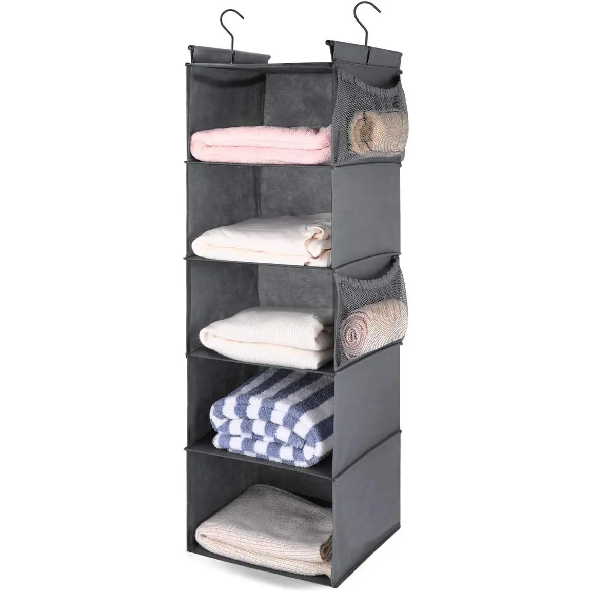 5 Shelf Foldable  Closet Organizer, Cloth  Shelf with 4 Side Pockets, Space Saver, Grey