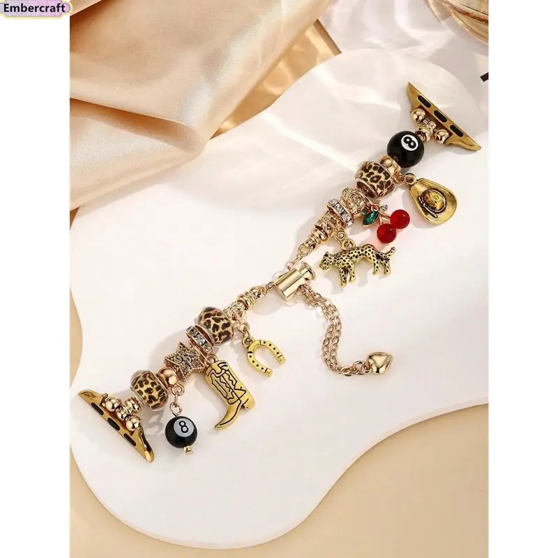 Women's Retro Silver-Tone Cactus & Cowboy Boot Charm Leopard Print Smartwatch Band - Personalized Aesthetic Bracelet Strap, Universal 38-49mm Fit for Ultra SE Series 1-11, Casual Wearable Adults' Fashion Smartwatch Accessories
