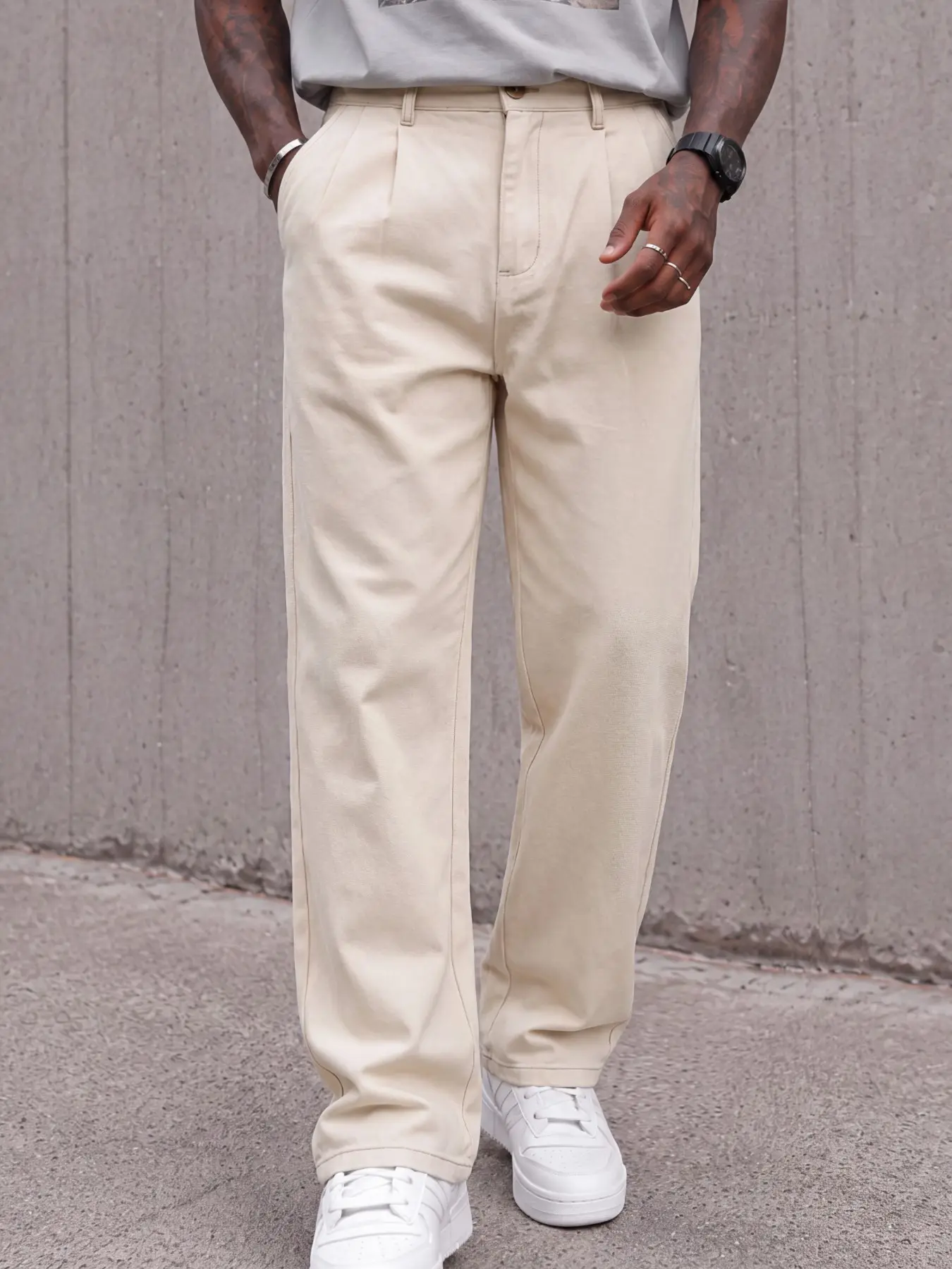 Men’s Apricot Pleated Wide-Leg Casual Pants, Loose Straight-Leg Trousers, Versatile Commuter Street Everyday Style