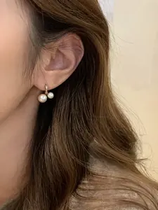 14k Mini Huggie Hoop Earrings, Two Sizes, Double Pearl, Dainty Minimalist, Elegant Daily Office Jewelry for Women