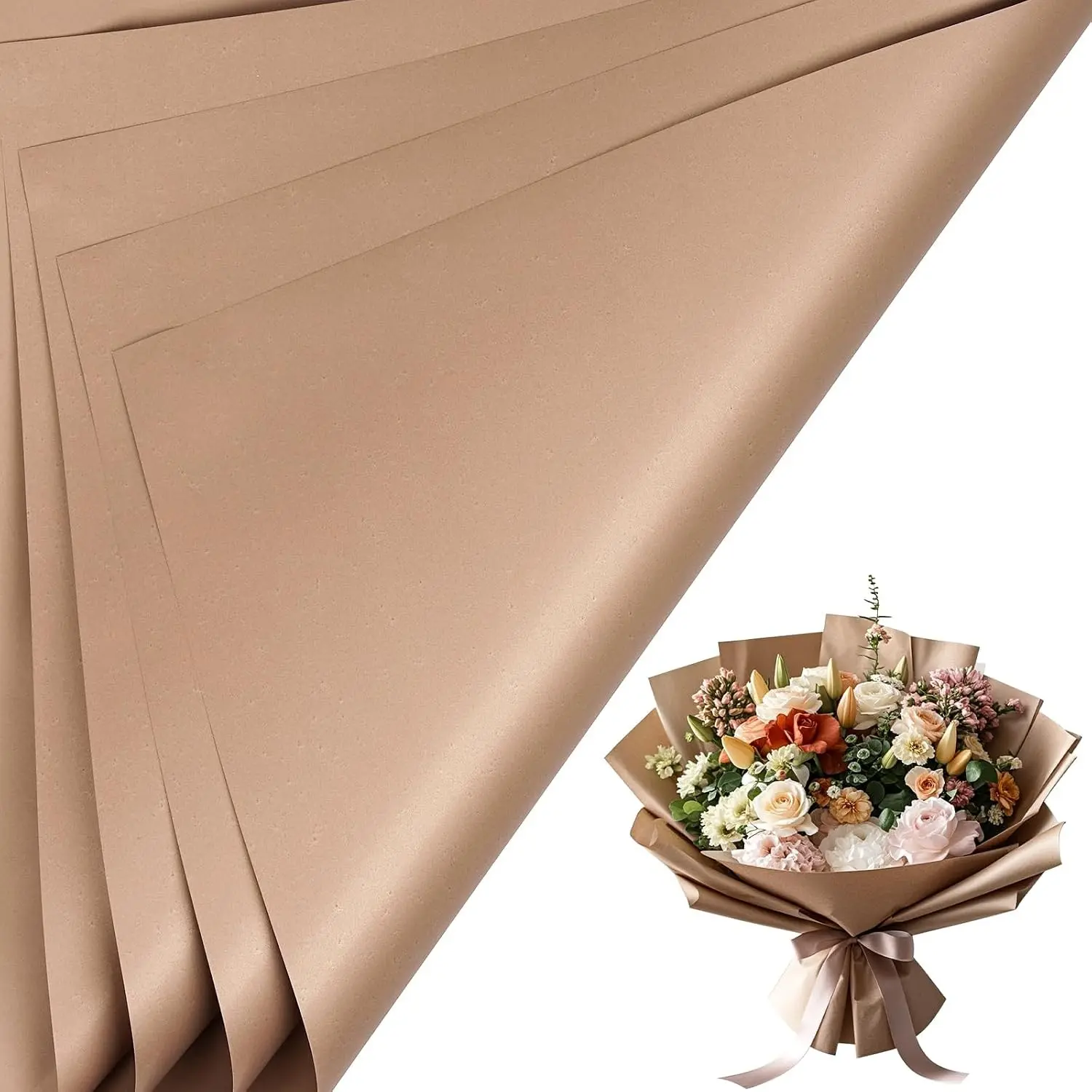 20-Sheet Waterproof Reversible Floral Flower Wrapping Paper - Brown Design for Valentine's Day, Weddings, Birthdays, Flowers, Bouquet