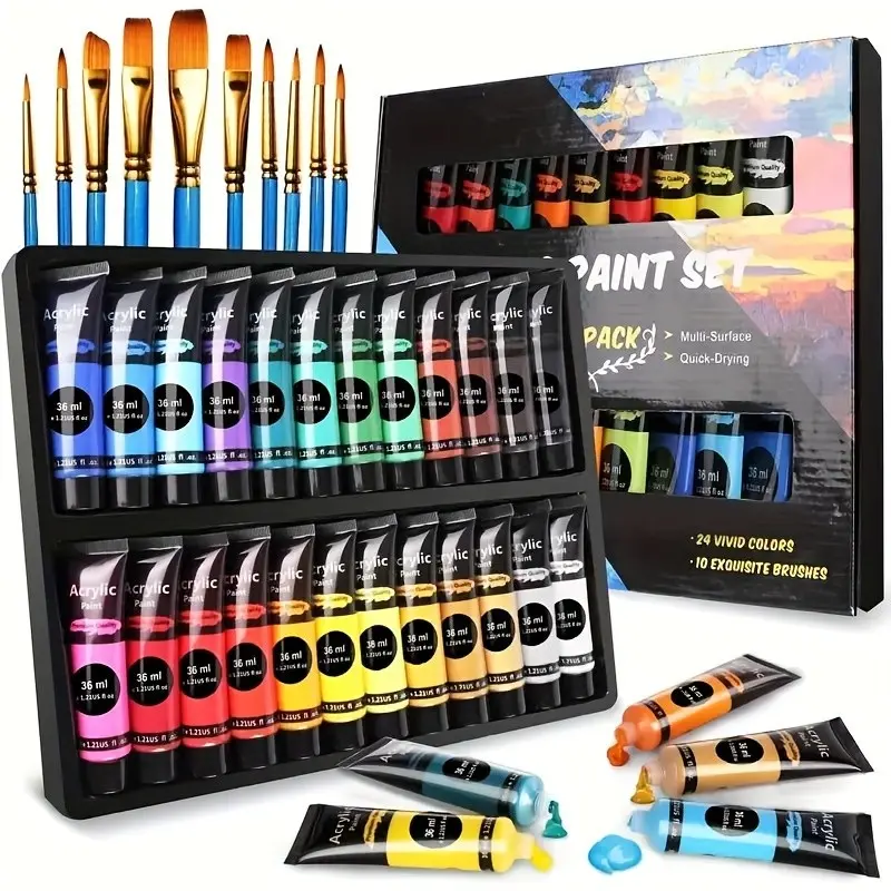 18/24 Color Acrylic Paint Set with 10 Brushes, Large Capacity, 36ML Per Bottle, Mixable, Ideal for Beginners, Artists, Paper, Stone, Wood, Ceramics