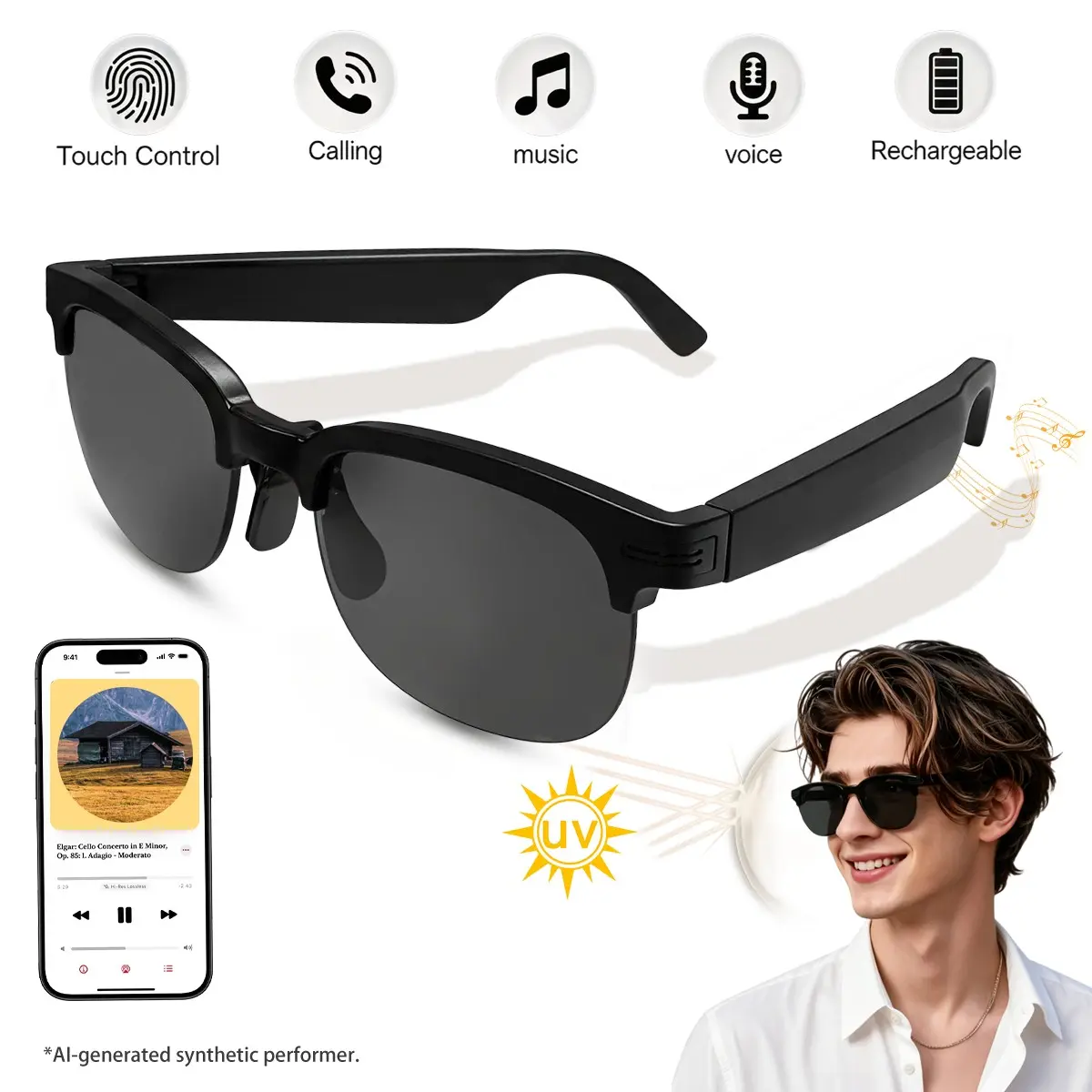 Smart Glasses UV Protection Anti-Blue Light , Bluetooth Glasses Compatible for Men & Women , Black Multifunctional Wireless Sunglass , Wearable Digital Electronic Gadgets,  Commuting and Daily Outdoor Wearable Eyewear