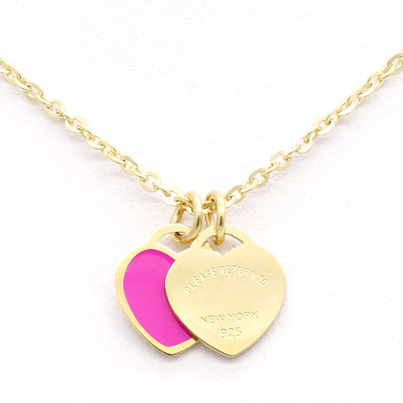 New luxury enamel pink double heart necklace, 18k gold titanium steel, versatile new style