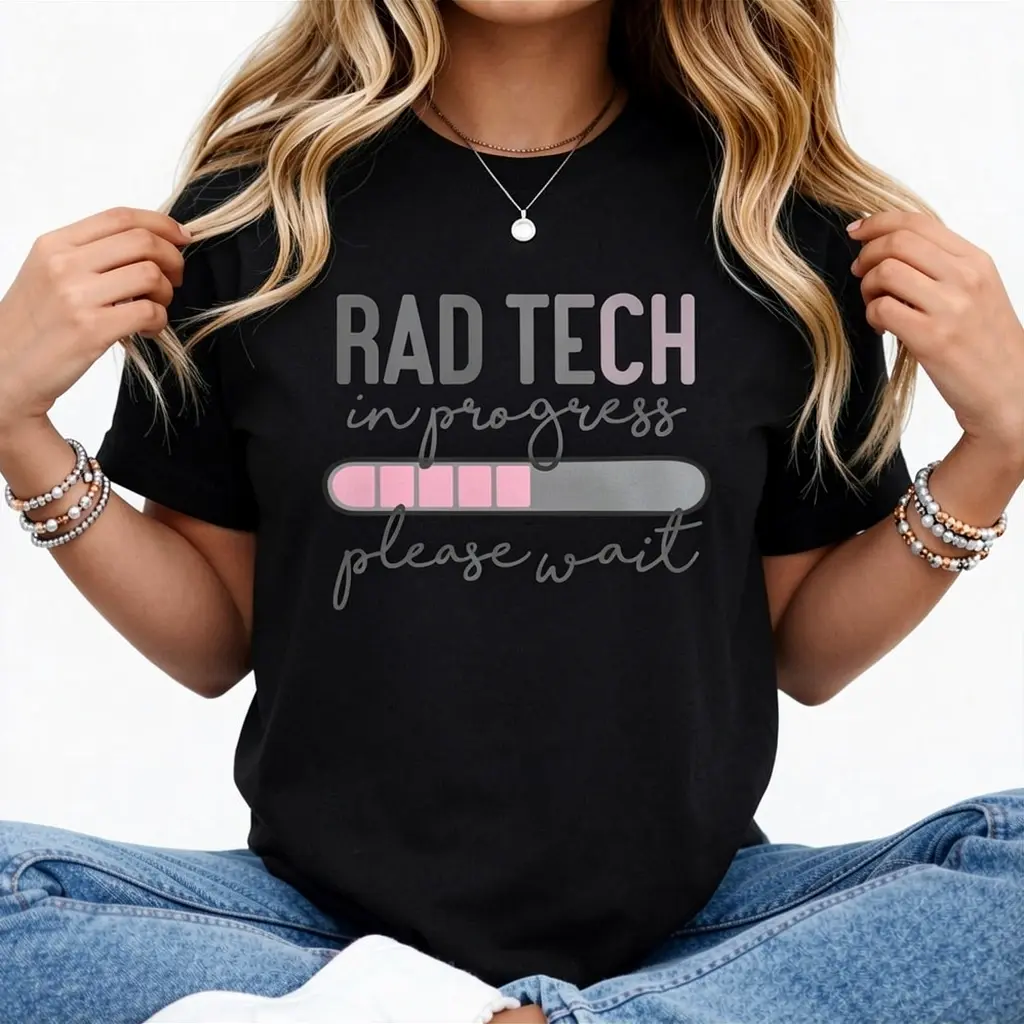 Casual Graphic T-Shirt for Women, 100% Cotton Round Neck Streetwear Top with "Future Rad Tech in Progress" Print, Short Sleeve Radiology Student Graduation Gift