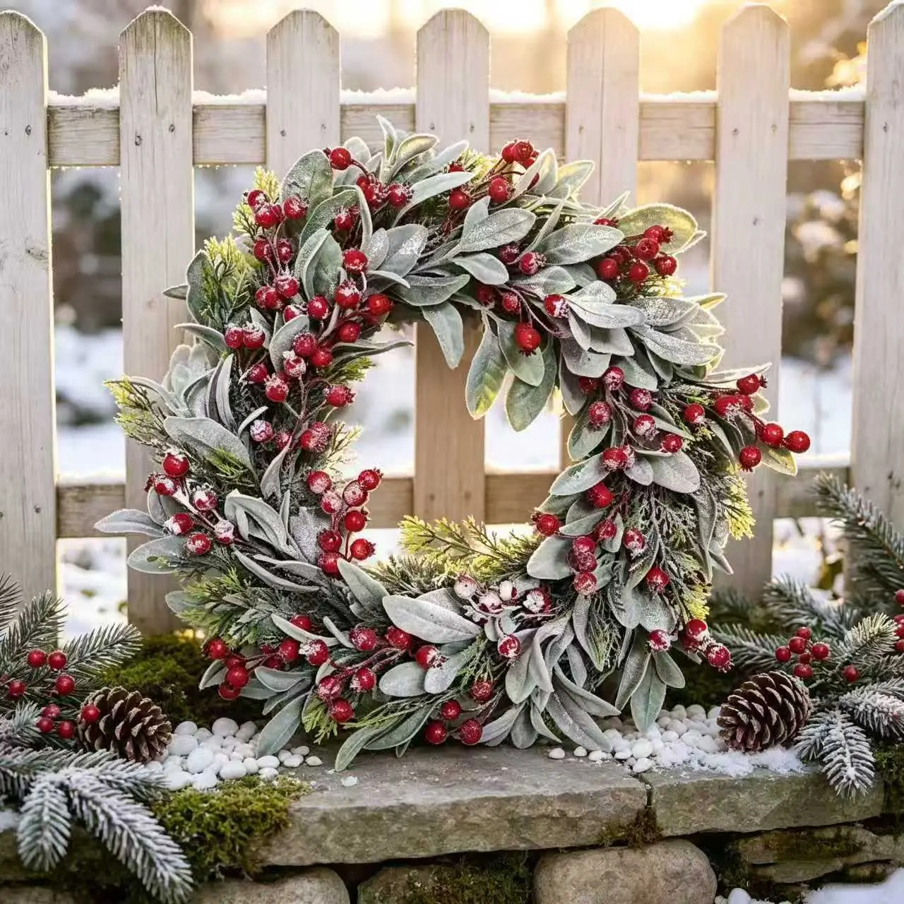 Winter Snow Covered Berry Front Door Artificial Wreath, Handmade Plush Greenery Berries Holiday Wreath, Rustic Farmhouse Style Christmas Ornament