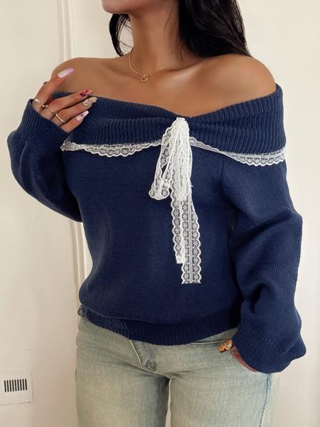 Women's off Shoulder Lace Bow Long Sleeve Pullover Sweater, Cute Knit Top for Fall & Winter, Casual Fashion for Ladies, Women Fall Outfit, Cute Winter Sweater for Women, Autumn Knitwear Women's off Shoulder Lace Bow Long Sleeve Pullover Sweater, Cute Knit Top for Fall & Winter, Casual Fashion for Ladies, Women Fall Outfit, Cute Winter Sweater for Women, Autumn Knitwear