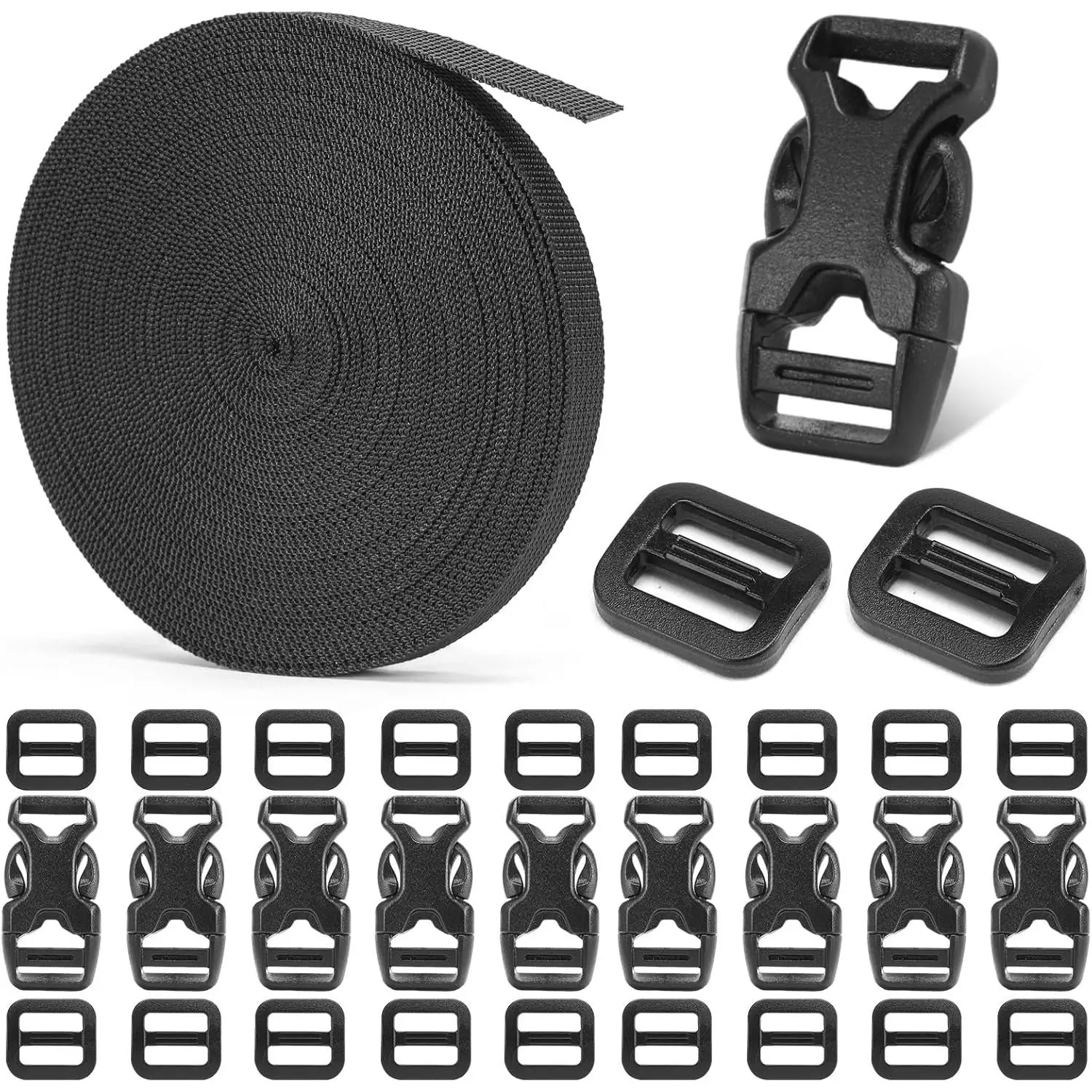 Buckle and Strap Set 3/8", 10 Yards Webbing Strap, 10-Pack  Adjustable Side Release Plastic Buckles, 20 Tri-Glide Slider Clips, Black (3/8 Inch Combo Set)