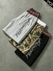 Mens Y2K High Street Double Waistband Shorts Plaid Patchwork Layered Sweatshirt Shorts Script Graphic Print Casual Loose Fit Summer Streetwear Track Shorts