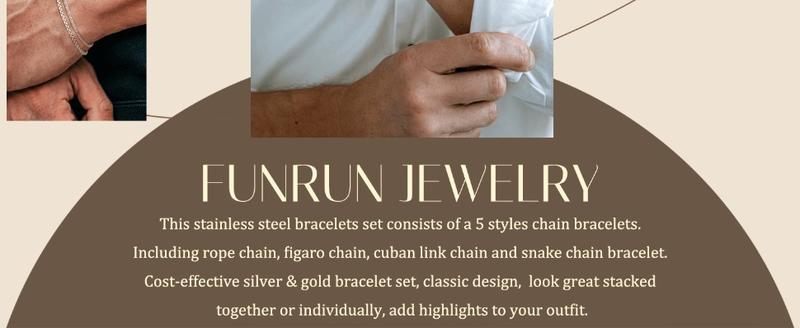FUNRUN 5Pcs Stainless Steel Permanent Bracelets for Men Women Golden Silver Cuban Link Rope Figaro Karol Chain Bracelet Set 7.5/8/8.5Inch Trendy Stack Bangle Hypoallergenic Jewelry