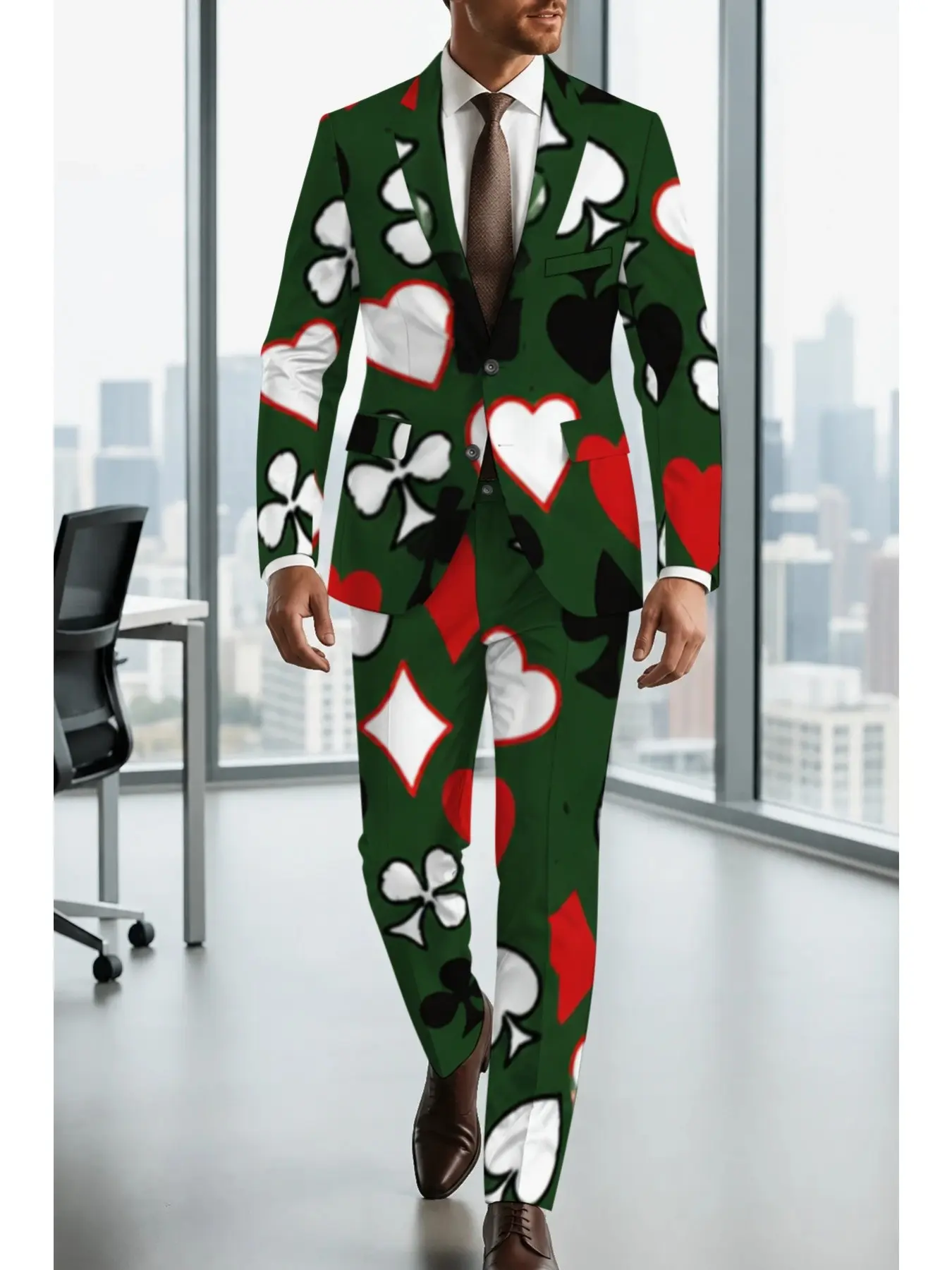 Men's Slim-Fit Blazer Set, Poker Print Design, Long Sleeve Casual Suit, Party Casino Theme, Unique Formal Wear