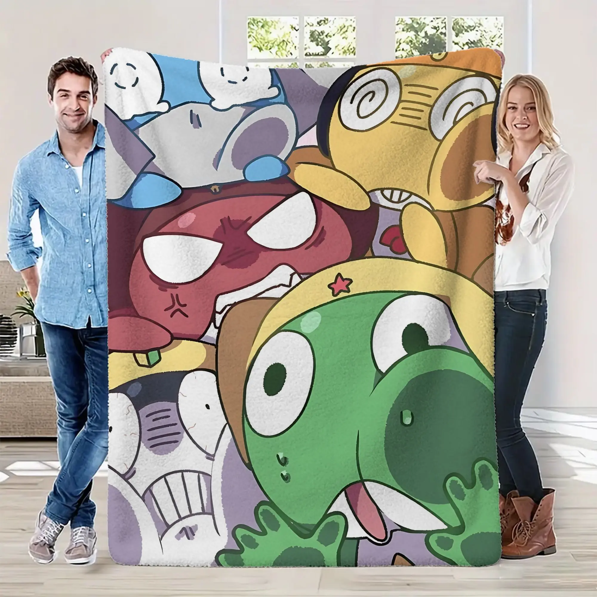 Sgt.Frog Keroro Gunso Chibi Art Character Print Flannel Throw Blanket - Cotton Fabric, Anti-Pilling, Anime Room Decor, Warm Bedding for Anime Fans Gift