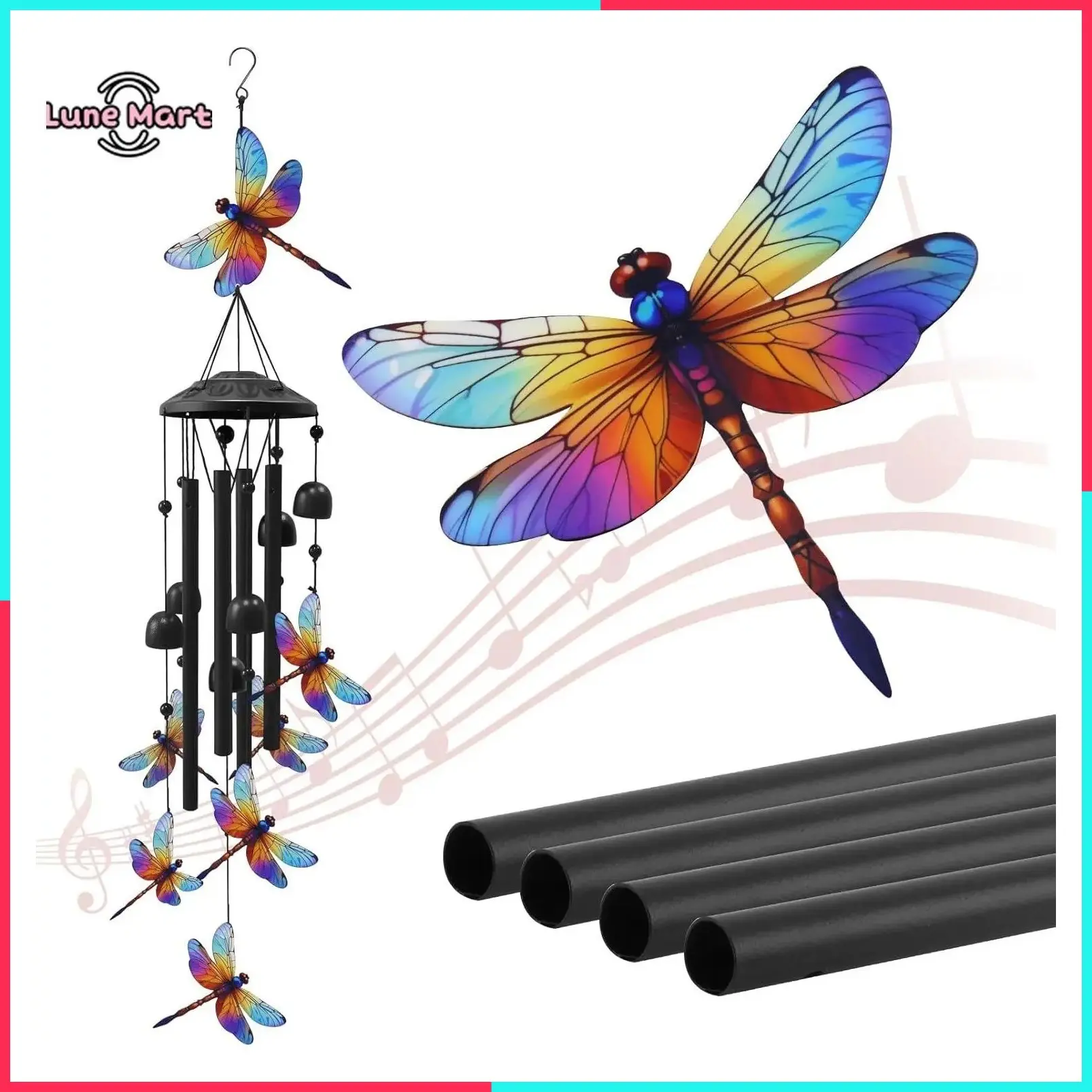 Dragonfly Wind Chimes for Outside, Black Metal Outdoor Wind Chimes, Garden Yard Decor, Memorial & Birthday Gifts for Women, Men, Grandma, Mom, Durable Hanging Chime